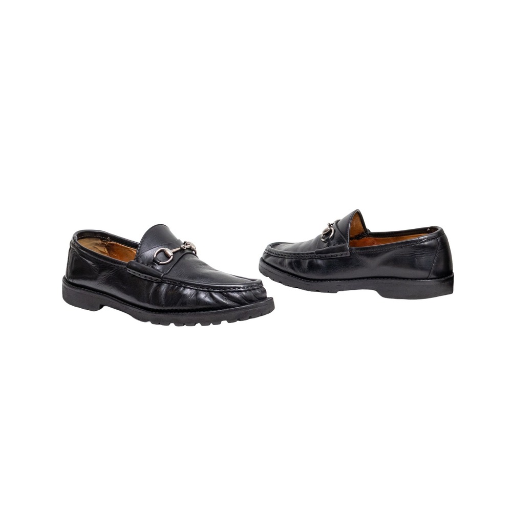 Gucci Vintage Mens Black Leather Horsebit Loafers Vibram Lug Sole Size 10